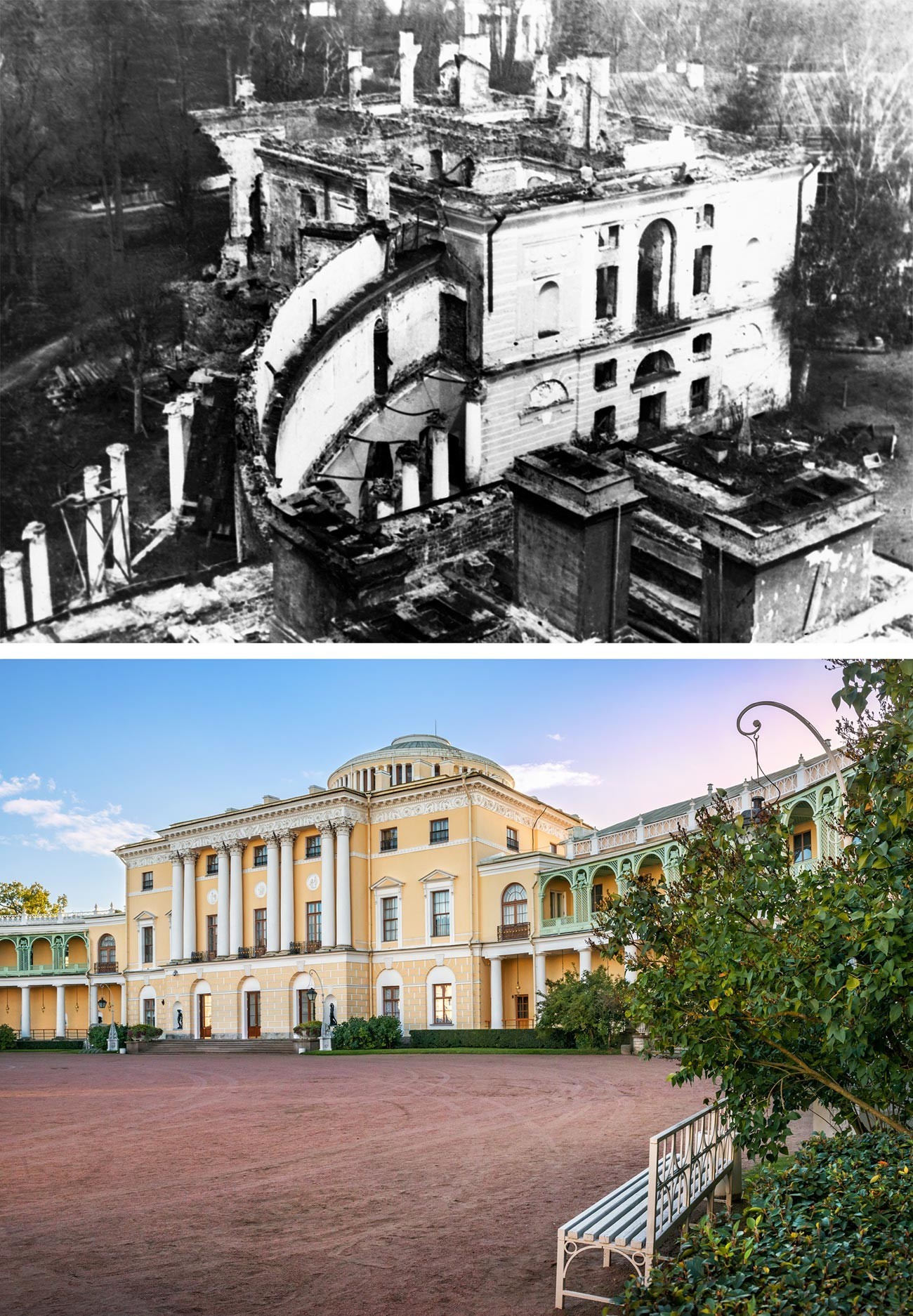 Palácio Pavlovsk em 1944 e agora