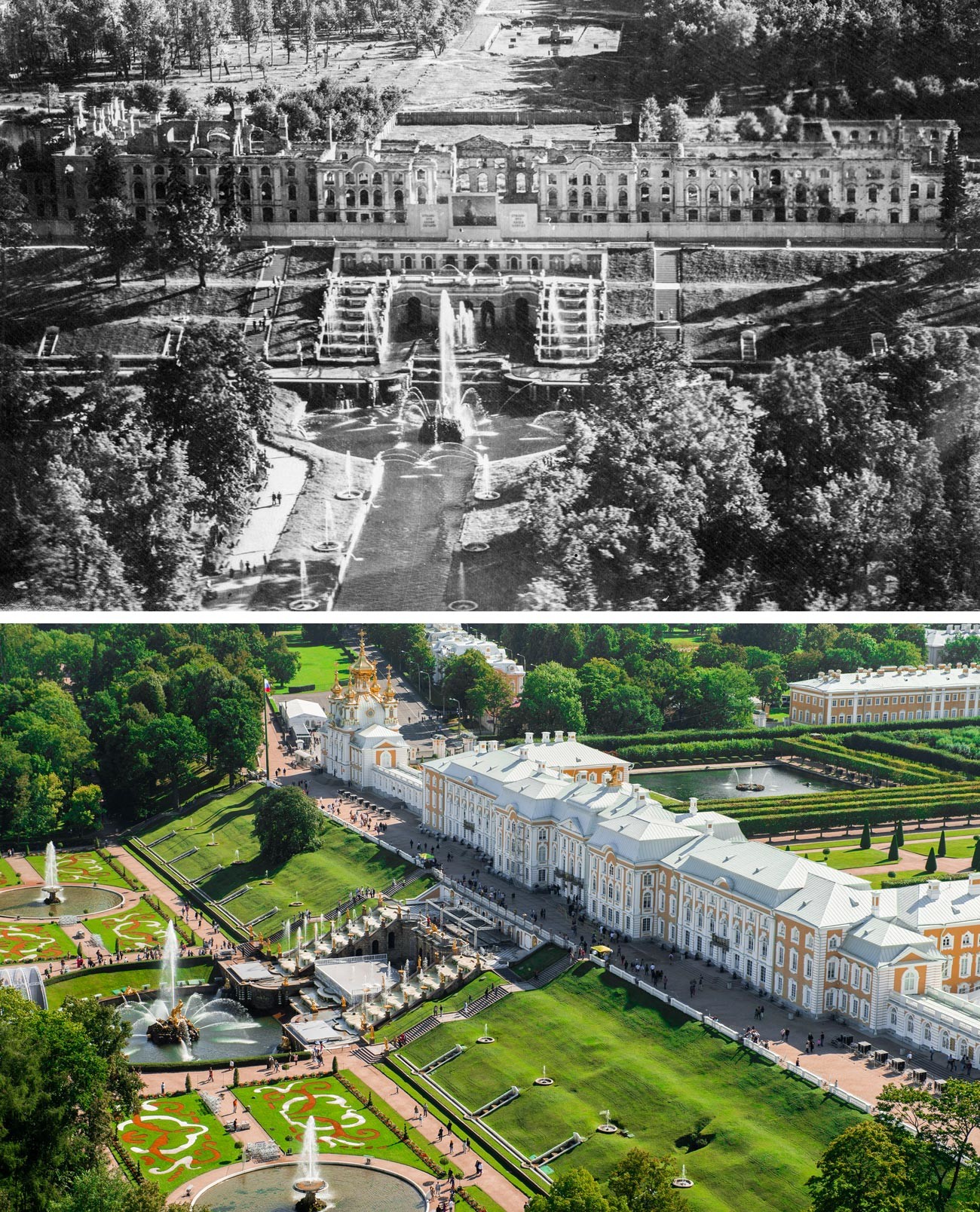 Pemandangan Kebun Atas, Istana Agung, dan air mancur Riam Utama pada 1944 dan sekarang.