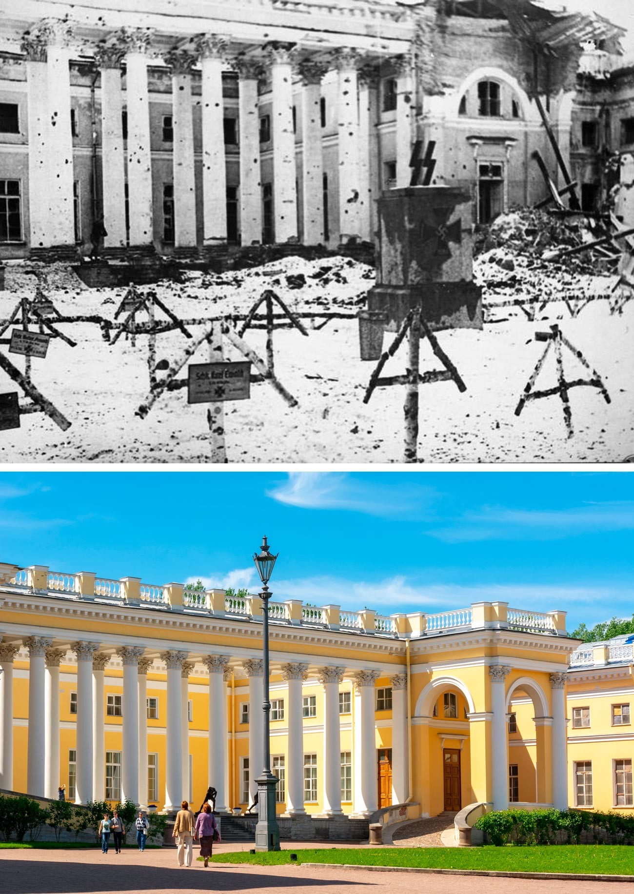 Pekarangan di depan Istana Aleksandr di Tsarskoe Selo digunakan oleh Jerman sebagai kuburan. 