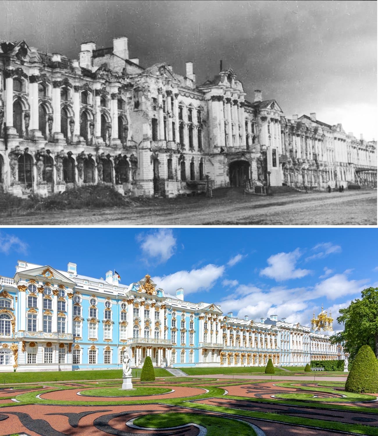 Екатерининский дворец после войны и сейчас