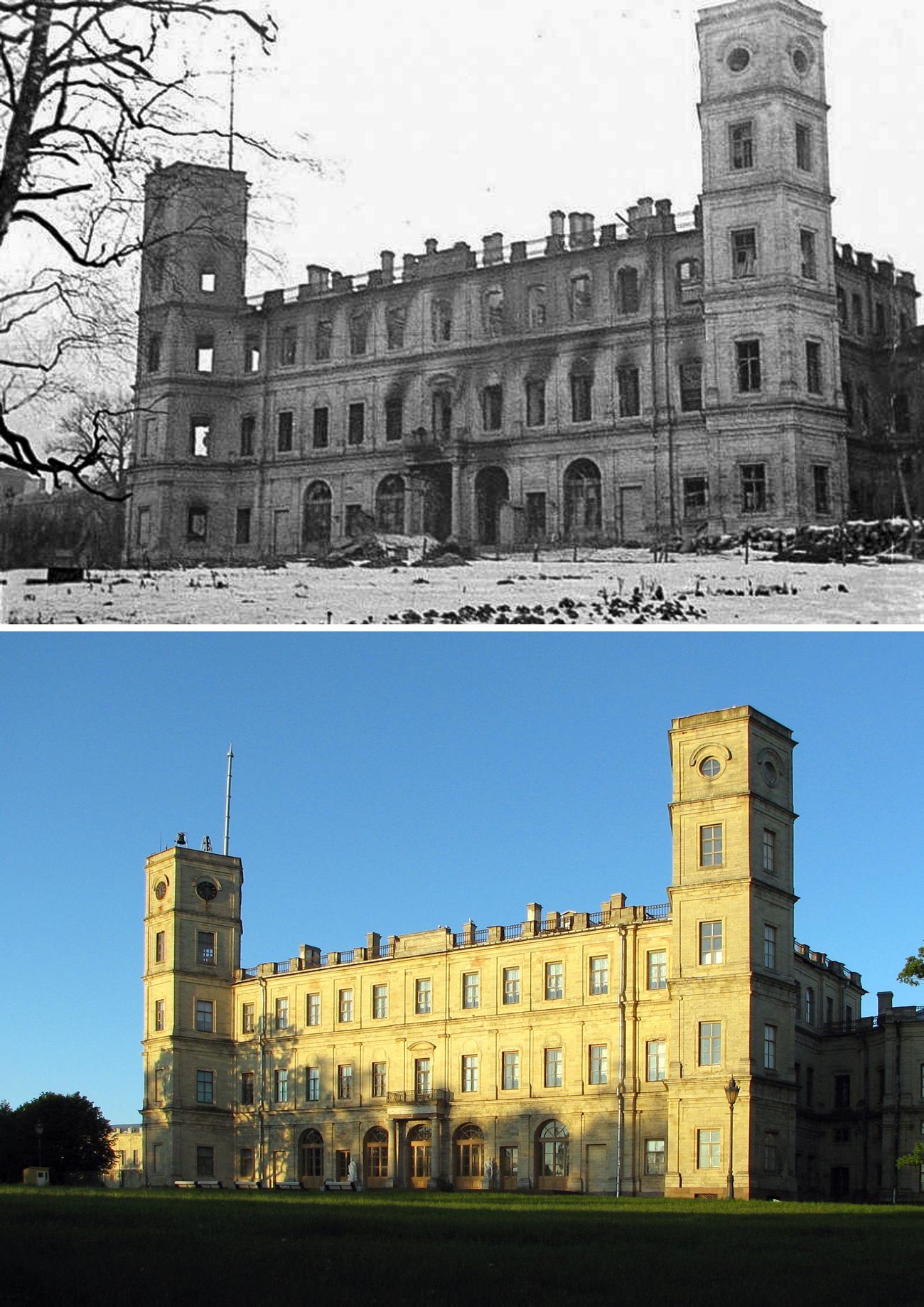 Северный фасад замка после войны и сейчас