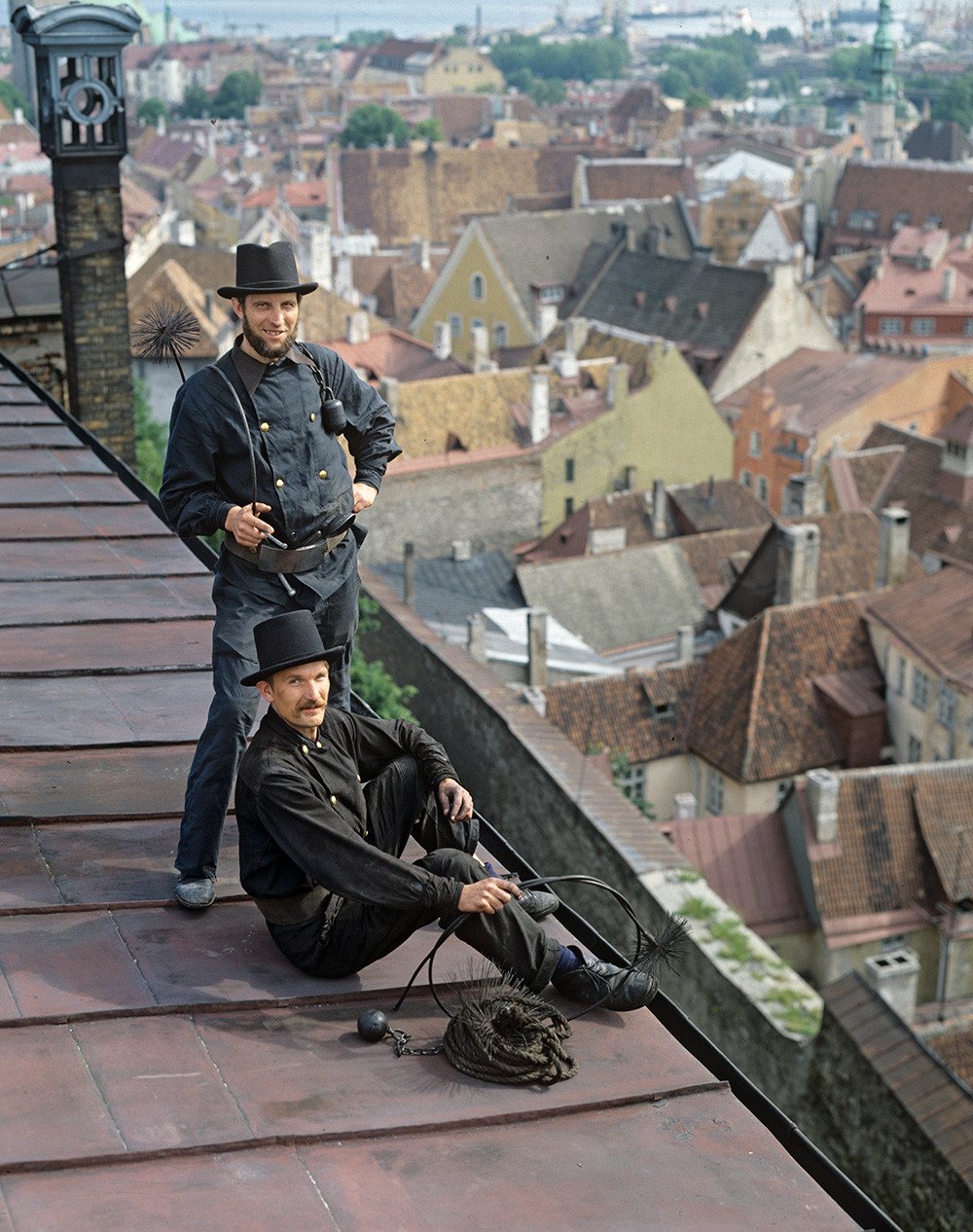 Chimney sweepers on a roof in Tallinn, 1984.