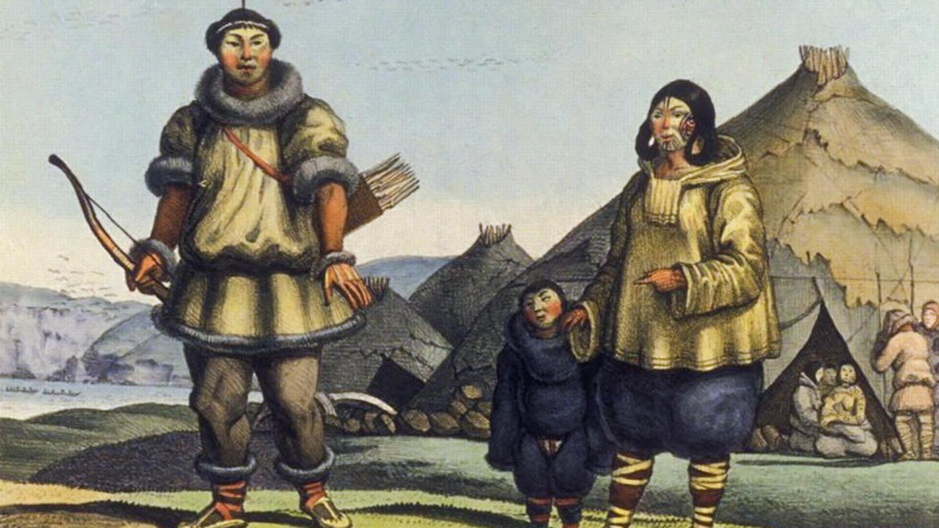 A Chukchi family in front of their home