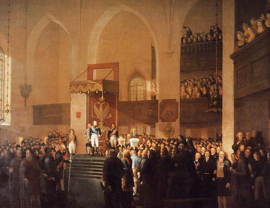 Alexandre Ier de Russie ouvre la session de la Diète de Porvoo en 1809. Emanuel Thelning