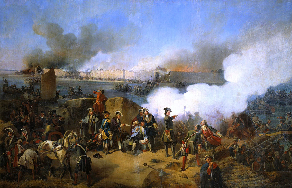 Invasão à fortaleza sueca Nöteborg, em outubro de 1702, pelas tropas russas; o tsar russo Pedro 1º é retratado no centro, de Alexander von Kotzebue