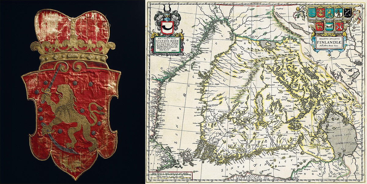 El escudo de armas de Finlandia de 1633, bajo el Imperio Sueco y un mapa de Suecia y Finlandia hecho en Estocolmo, Suecia, 1747.