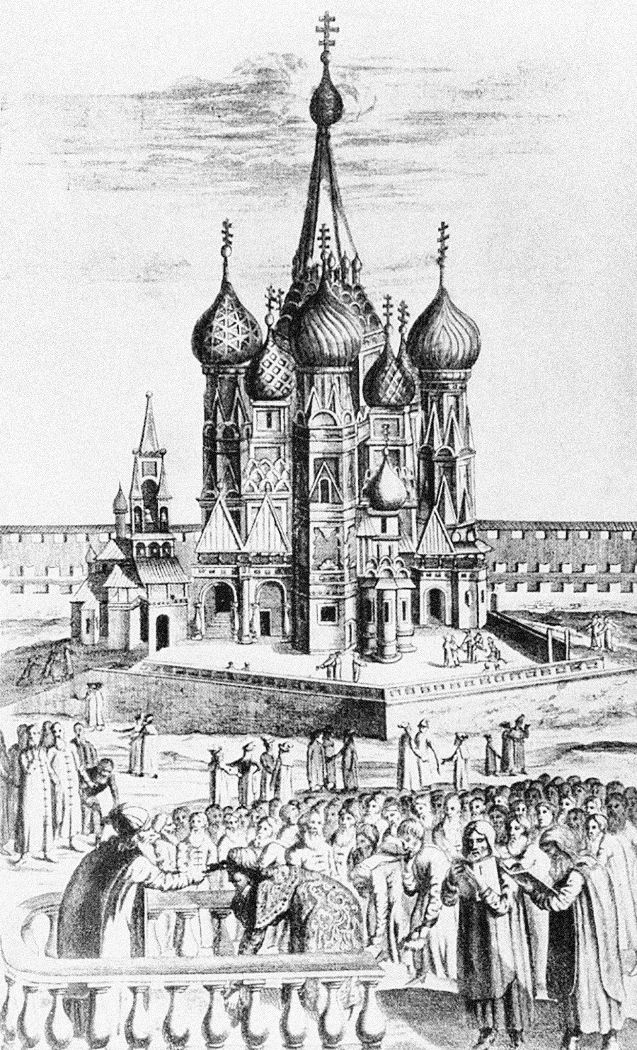 Москва, Црвен плоштад, 1634 година. Вака во 17 век изгледал храмот на Василиј Блажени.