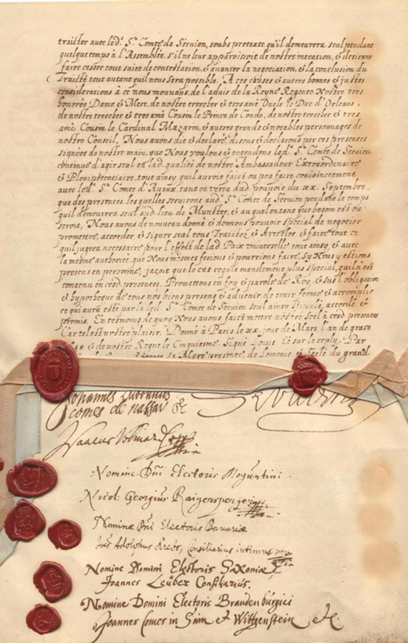 Страница од Вестфалскиот договор на француски јазик.