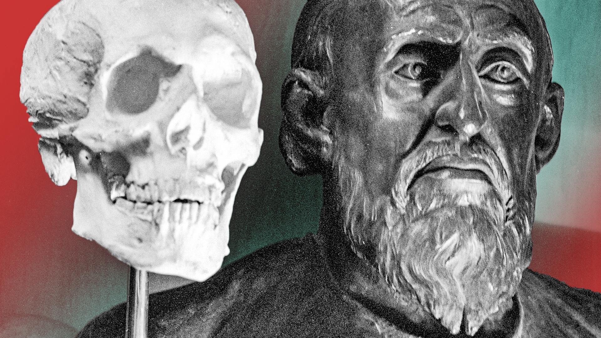 The facial image of Ivan IV Vasilyevich (R) reconstructed from his skull (L) in the Institute of Anthropology and Ethnography, Moscow.
