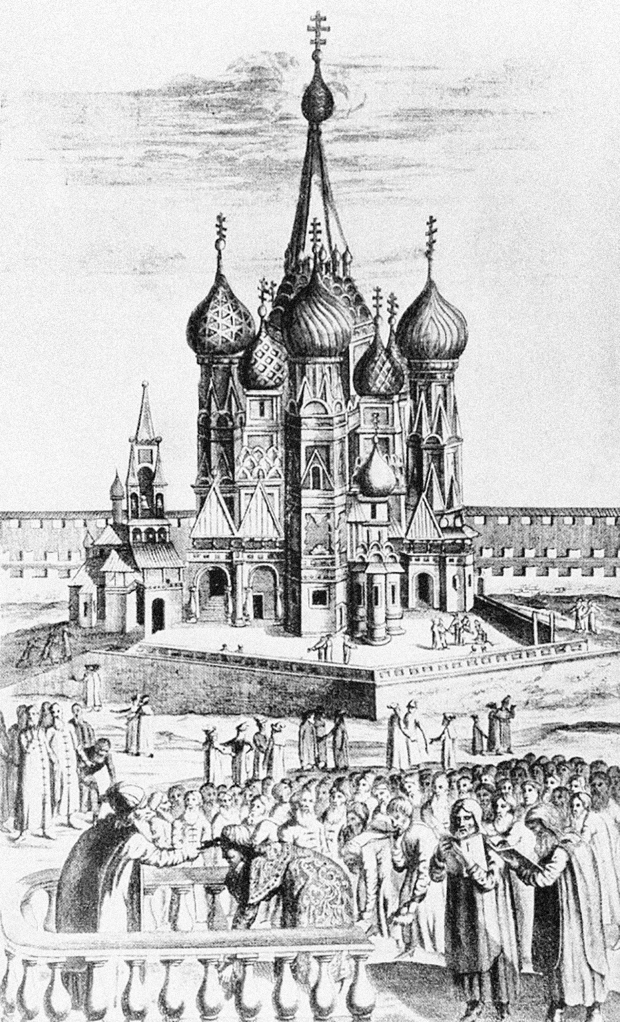 Moskva, Crveni trg 1634. Ovako je u 17. stoljeću izgledala katedrala Vasilija Blaženog.

