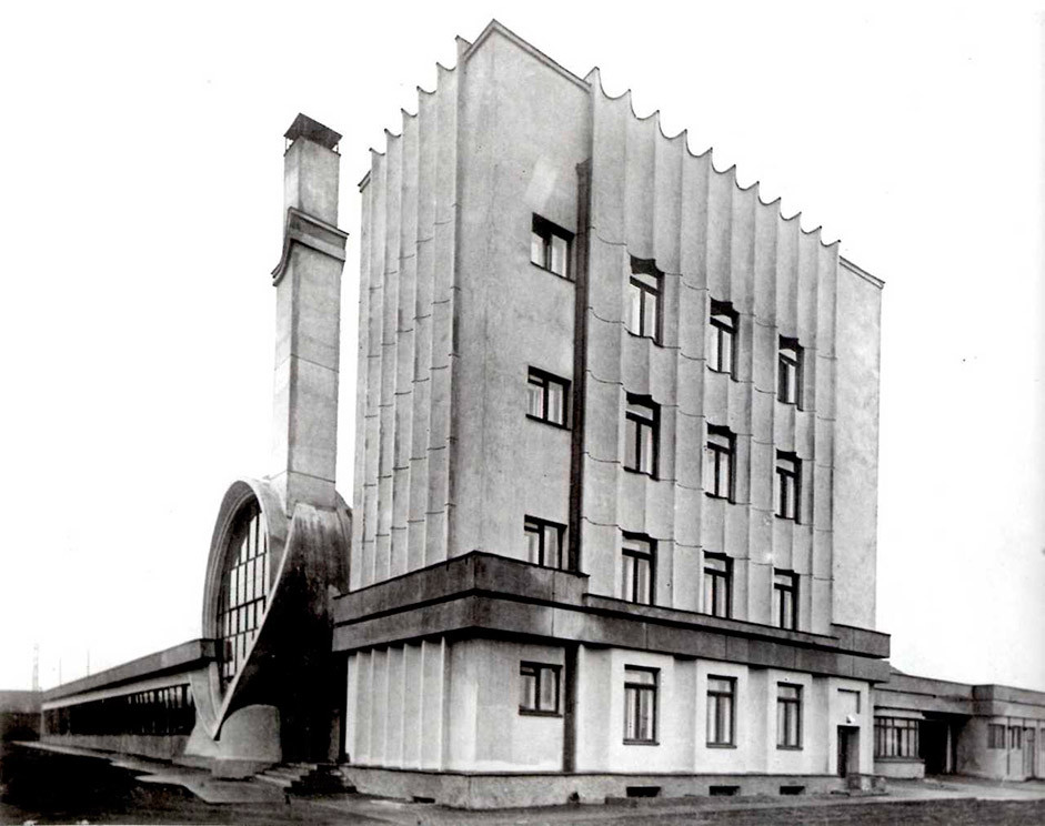 Garasi Gosplan, Moskow (1936), Rusia. Dirancang oleh Melnikov.