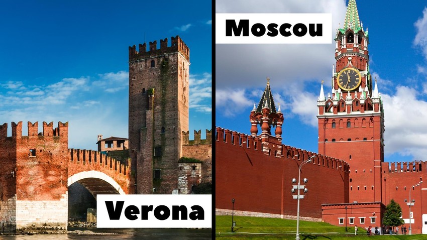 Castelvecchio (esq.), em Verona, e o Kremlin de Moscou (dir.)