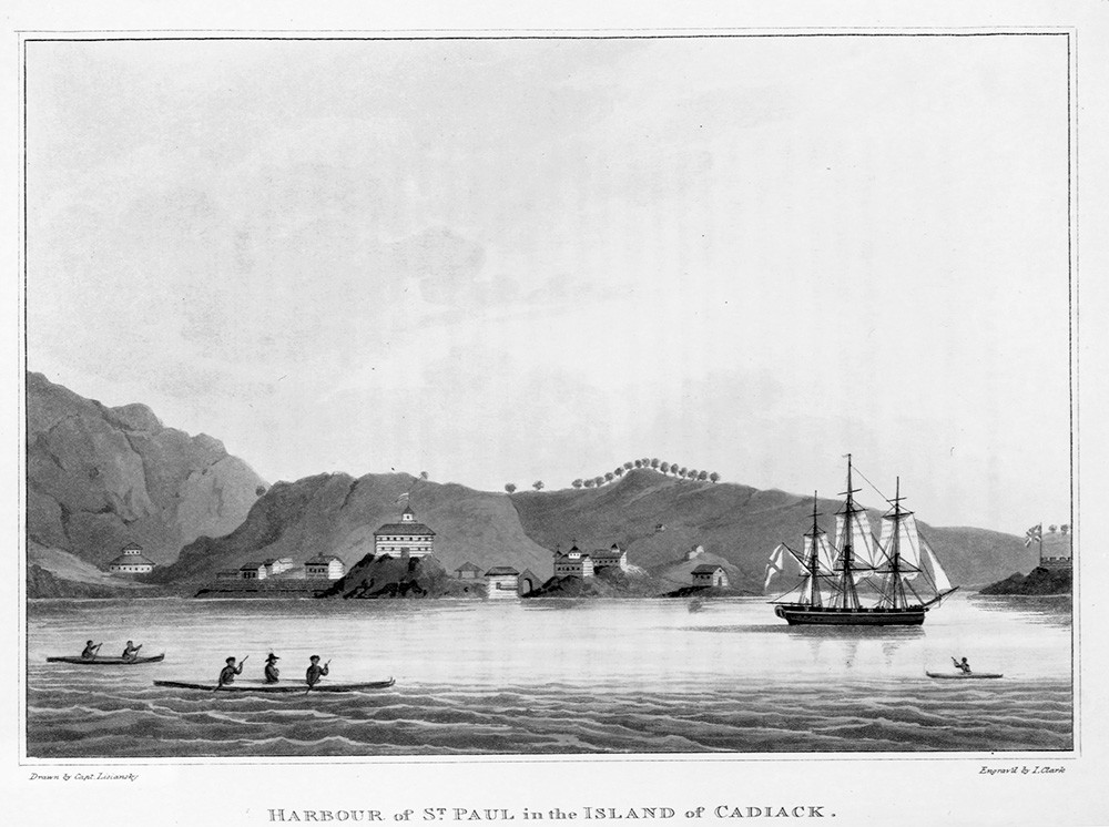 The harbor of St.Paul on the isle of Kodiak, then the capital of Russian Alaska, as seen in Urey Lisiansky's A Voyage Round the World, 1814. 