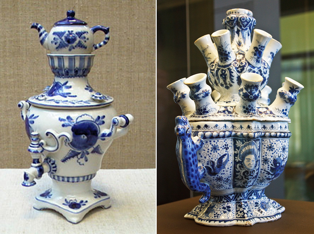 Gzhel samovar jewelry box (L), Tulip vase, Delft porcelain style (R)