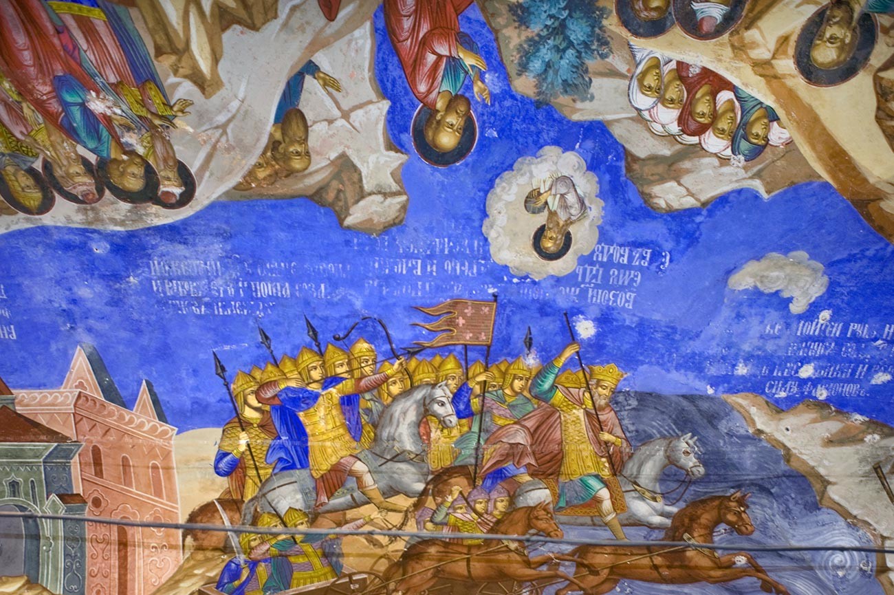 Église Saint-Nicolas Nadeïn. Galerie ouest, fresques au plafond. Fragments de la « bataille de Jéricho » (allégorie des victoires des Russes en 1612-1613). 