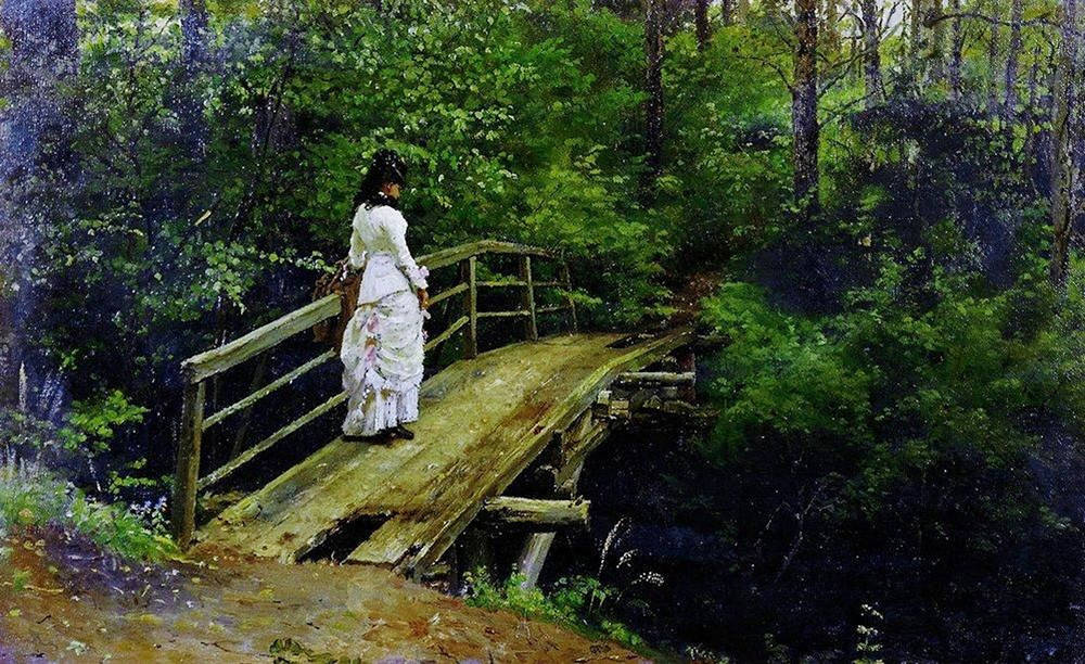 « Paysage estival (Vera Répina sur un petit pont à Abramtsovo », par Ilia Répine, 1879

