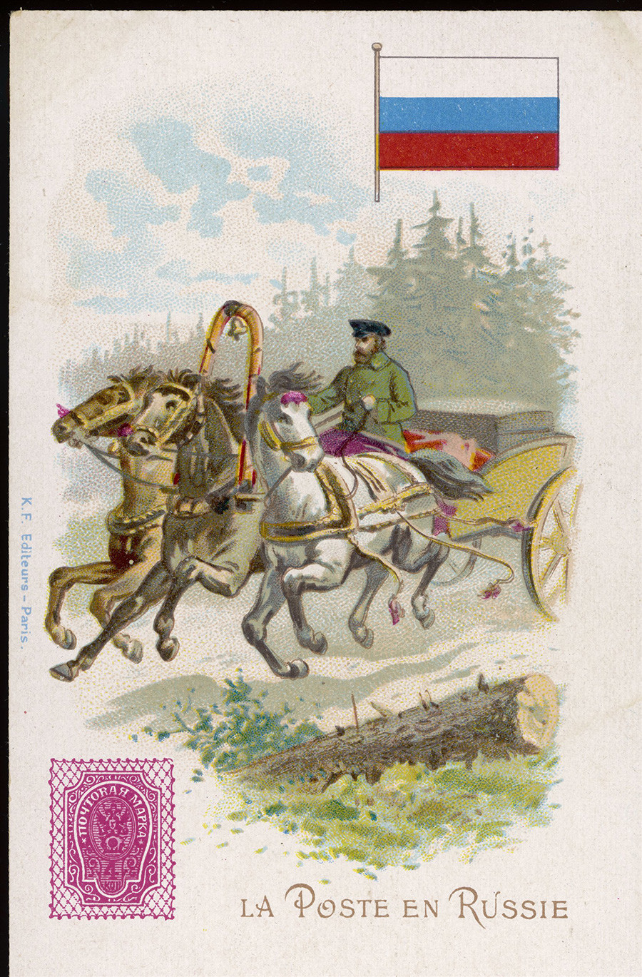 Com três cavalos para puxar sua troika, o carteiro russo pode fazer seu trajeto com velocidade e conforto. Postal emitido por volta do ano de 1900.