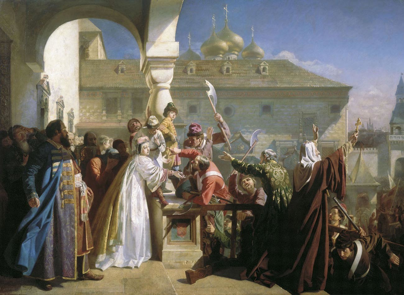 Streltsy Uprising of 1682. Natalia Naryshkina shows Ivan V to the Streltsy in order to prove that he is alive and well, while Patriarch Joachim of Moscow attempts to calm the crowd.