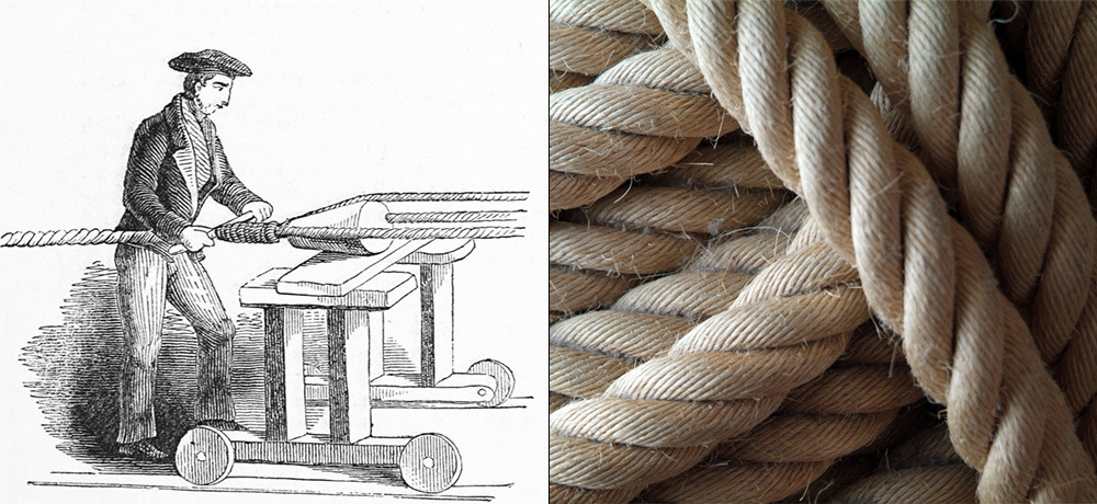 À droite : Fabrication de cordes : trois brins de fil de chanvre pour former une corde. À gauche : Corde de chanvre