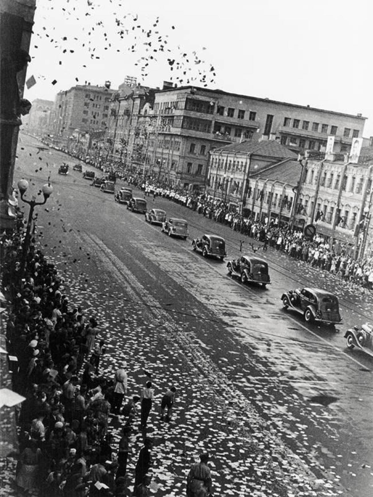 People of Moscow welcome Chkalov and his crew after their return from the U.S.