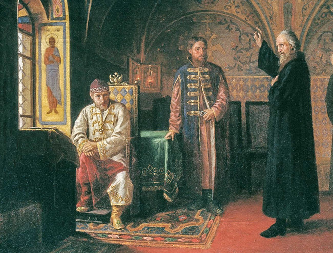 Metropolitan Philipp mengutuk Ivan yang Mengerikan,' 1800, karya Yakov Turlygin.