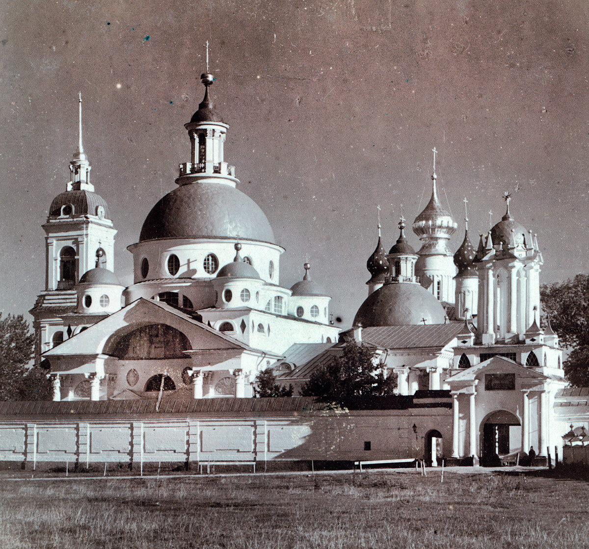Savior-St. Yakov-St. Dimitry Monastery. Northwest view. From left: Bell tower, Church of St. Dimitry of Rostov, Conception of St. Anne Cathedral, North Gate. Summer 1911