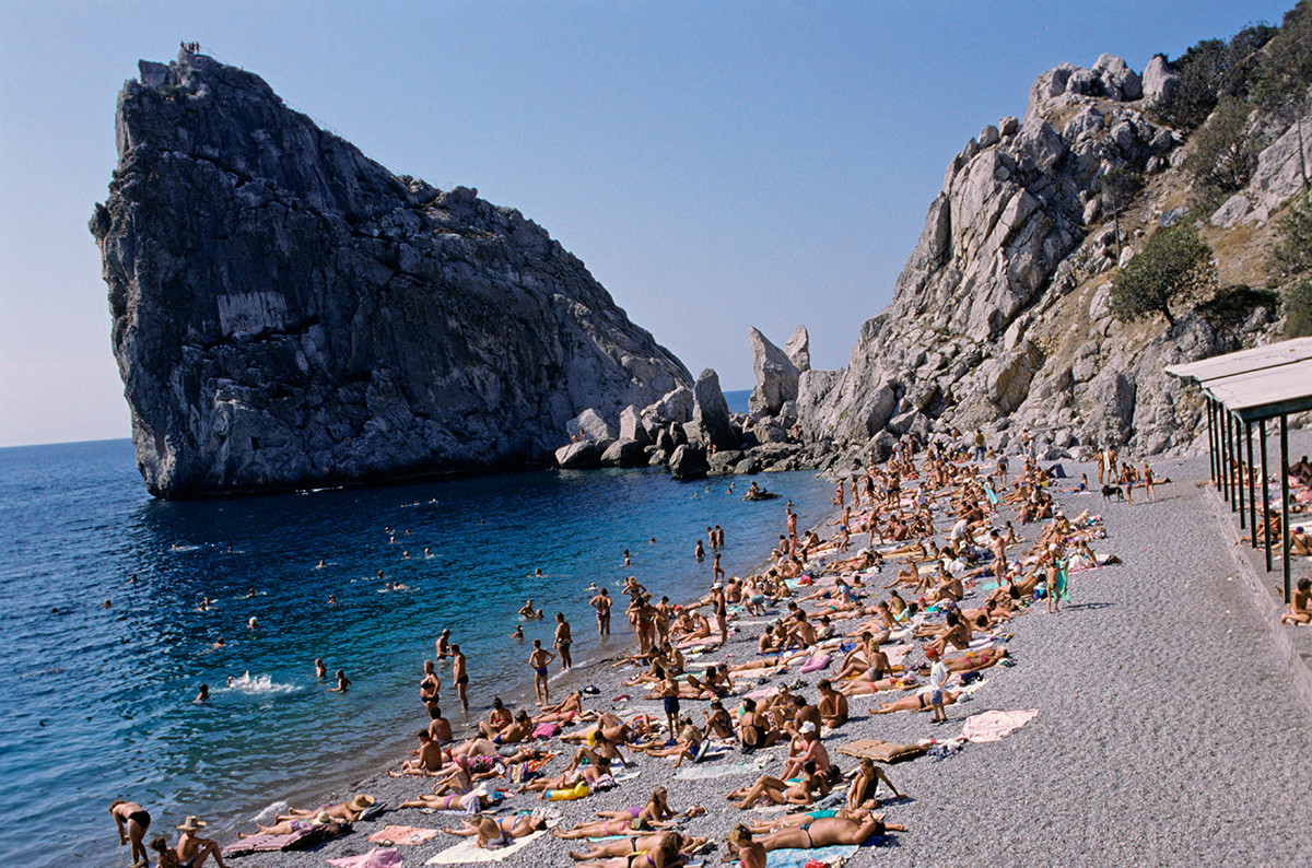 View of the Diva rock and the beach of the resort village of Simeiz in the Crimea