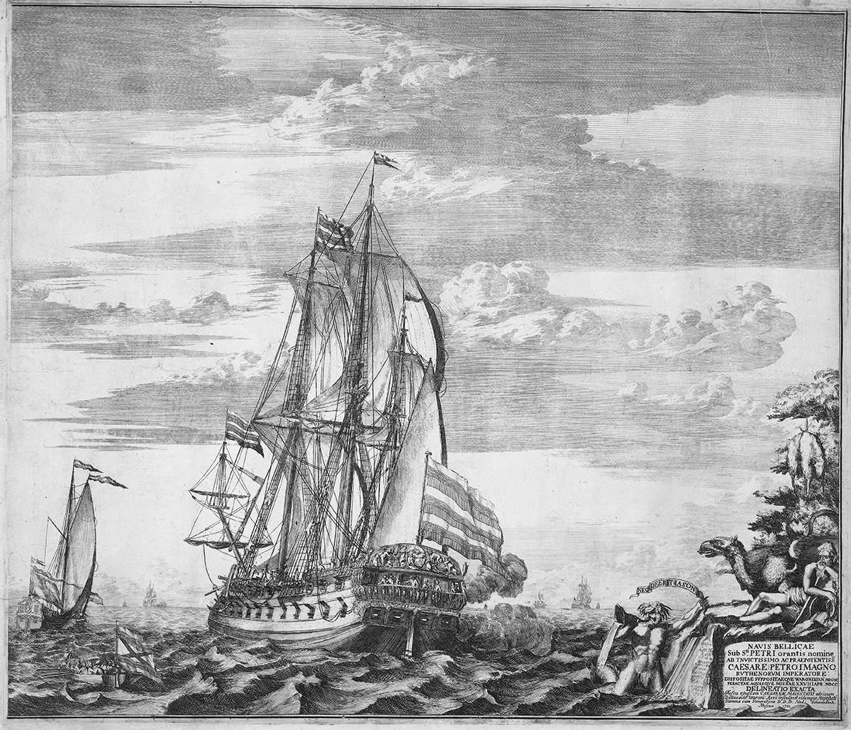 La nave ammiraglia “Goto Predestinatsia” (La Provvidenza di Dio) costruita da Pietro il Grande a Voronezh, 1700, 1701. Dalla collezione del Rijksmuseum, Amsterdam. Artista: Schoonebeek (Schoonebeck) Adriaan (1661-1705)
