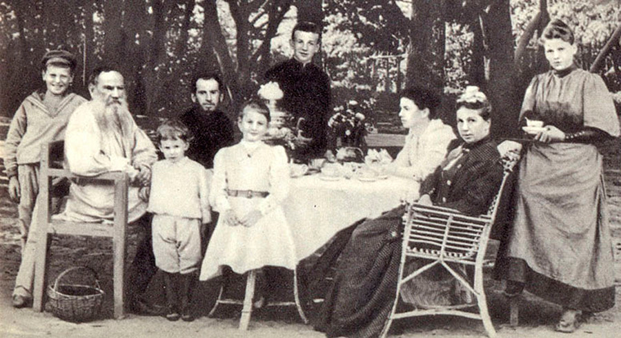 Leo Tolstoy with his family at tea in a park, 1892