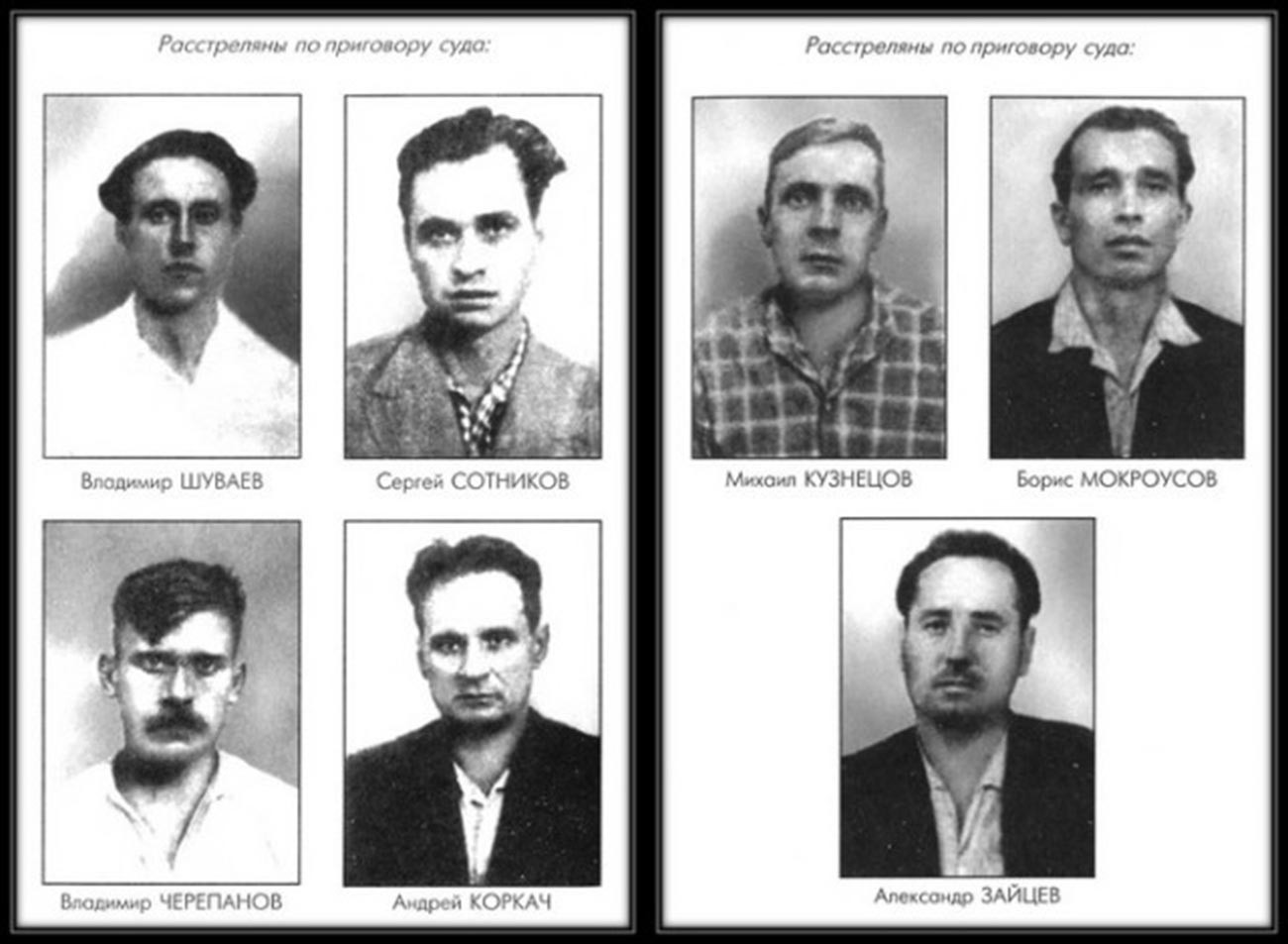 Fotos de 7 operários condenados a execução após a greve: Vladímir Chuvaev (1937-1962), Serguêi Sotnikov (1937-1962), Mikhail Kuznetsov (1930-1962), Boris Mokrousov (1923-1962), Vladímir Tcherepanov (1933-1962), Andrei Korkatch (1917-1962), Aleksandr Zaitsev (1927-1962)