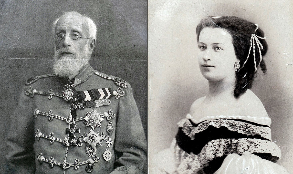 Aleksandr Púchkin (1833-1914), o filho mais velho do poeta e general do exército russo (esq.); e Natalia (Púchkin) Merenberg (1836–1913), filha do poeta.