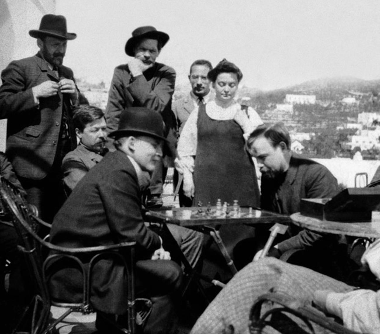 Lenin (second from left) at the terrace of Maxim Gorky's villa on Capri, Italy