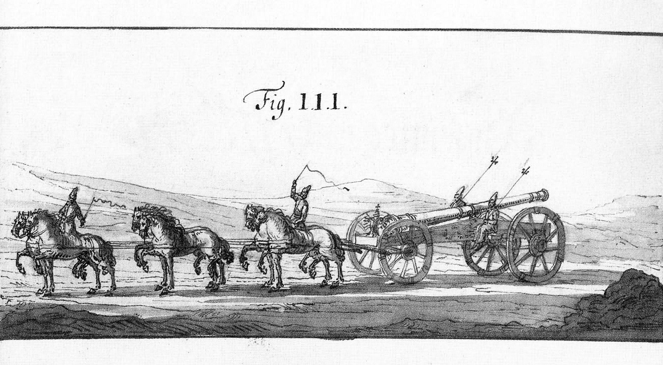 Eine Radierung aus dem 17. Jahrhundert zeigt den Transport einer russischen Feldkanone
