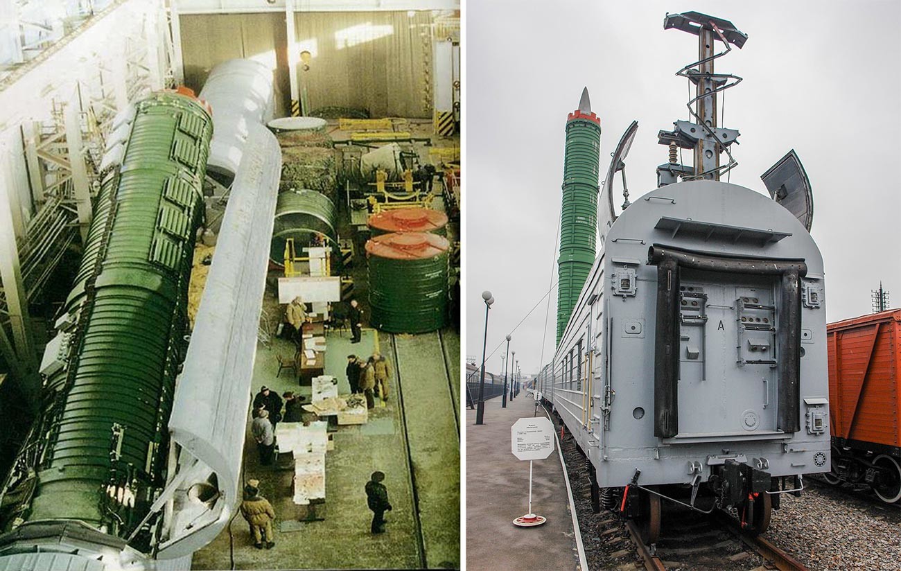 Lijevo: Skidanje rakete RT-23 (po klasifikaciji NATO-a SS-24 Scalpel) u Beršetu; desno: BŽRK 15P961 