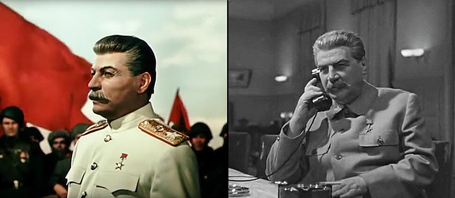 L: Mikheil Gelovani as Joseph Stalin in 'The Fall of Berlin'; R: Aleksei Dikiy as Stalin in 'The Battle of Stalingrad'