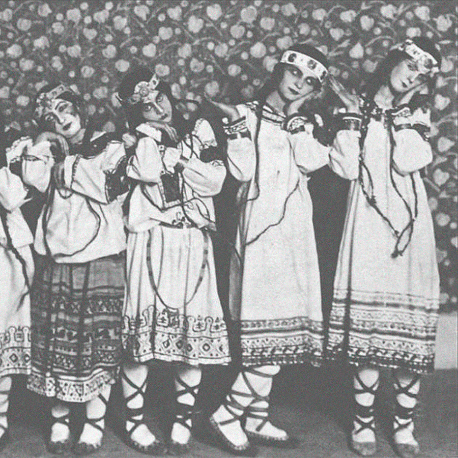 Dancers of The Rite of Spring ballet in costumed designed by Nicholas Roerich, 1913