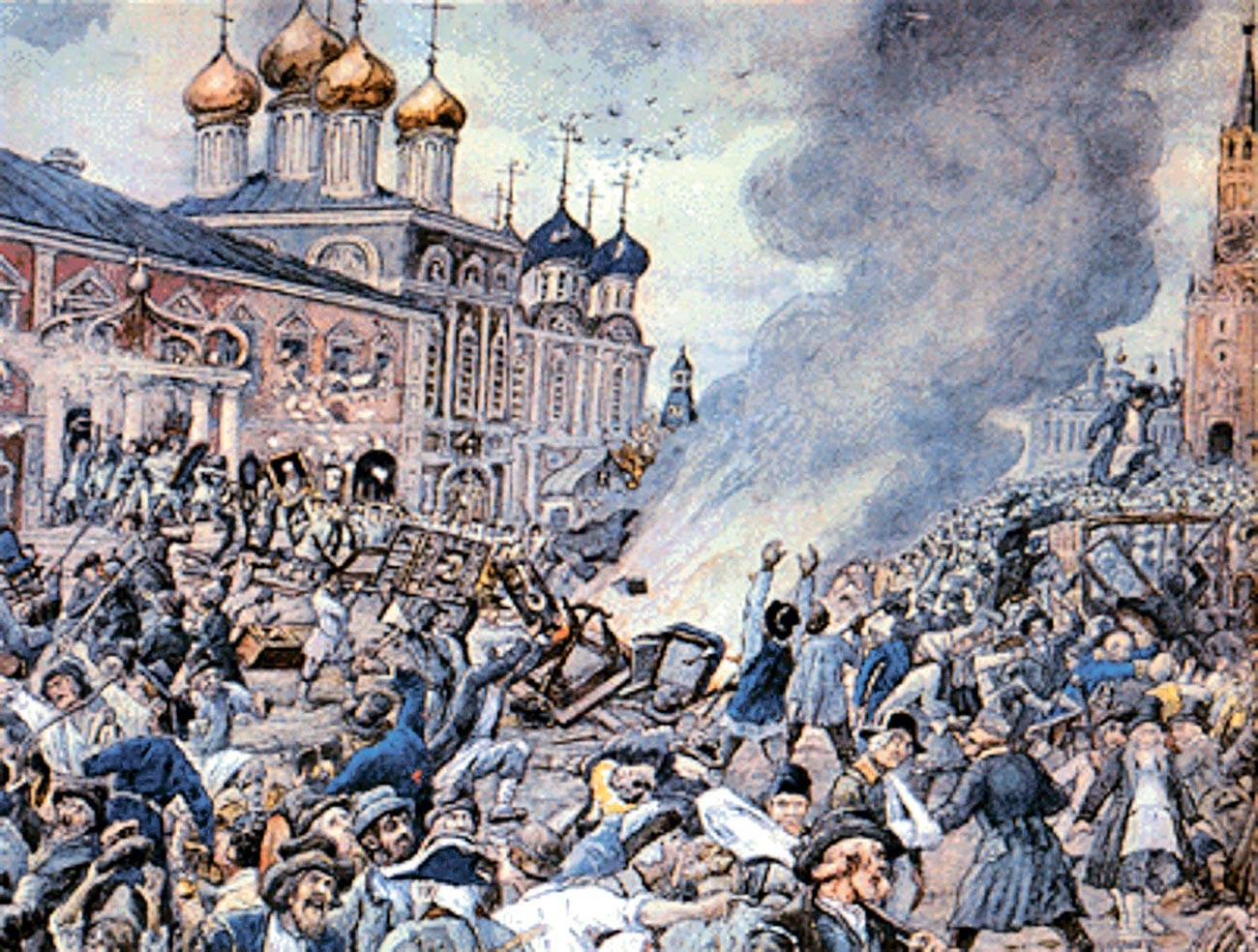 Émeute de la peste à Moscou en 1771, une aquarelle des années 1930 par E. Lissner