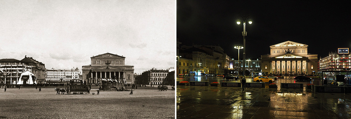 Лево: Театрални трг, 1896. година; десно: 2020.