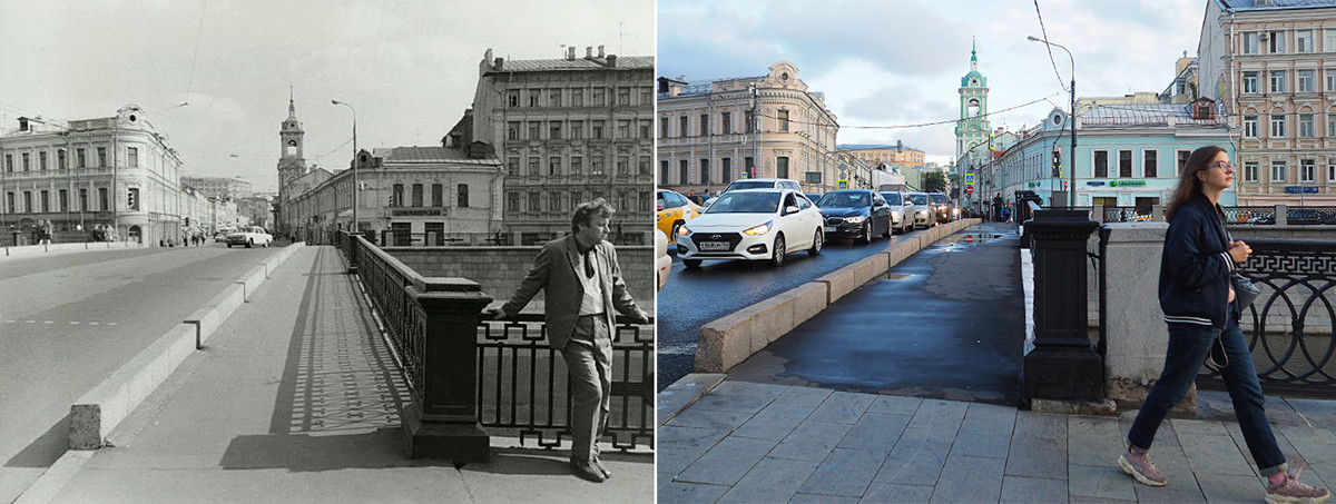 À gauche : vue sur la rue Piatnitskaïa depuis le pont Tchougounny en 1972. À droite : en 2020.
