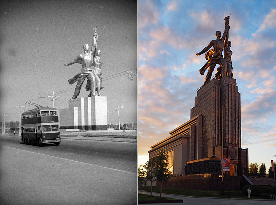 À gauche : « L’ouvrier et la kolkhozienne », en 1940. À droite : en 2020.