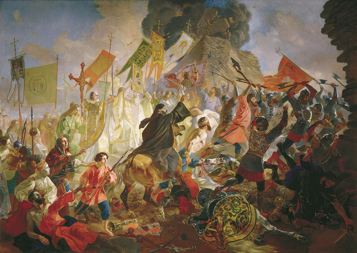 『ステファン・バートリ (ポーランド王)に包囲されているプスコフ』、カール・ブリューロフ作