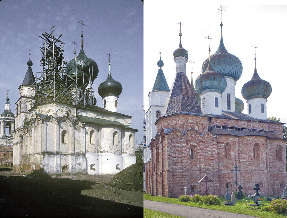 St. Avraamy Epiphany Monastery. Cathedral of the Epiphany with attached Chapel of St. Avraamy. On the left: southeast view before restoration, July 29, 1997; on the right: east view after restoration, July 6, 2019