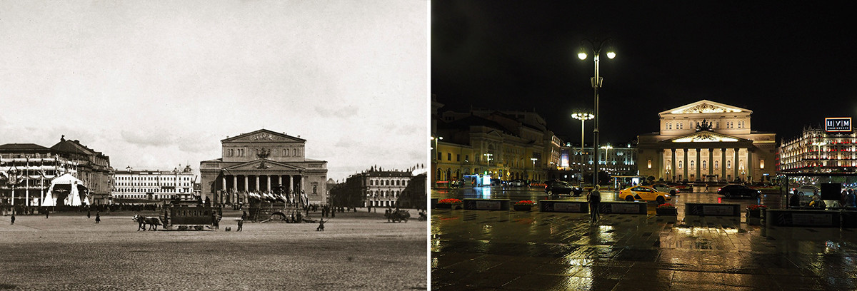 Praça Teatrálnaia durante a coroação de Nikolai 2°: maio de 1896 x 2020.

