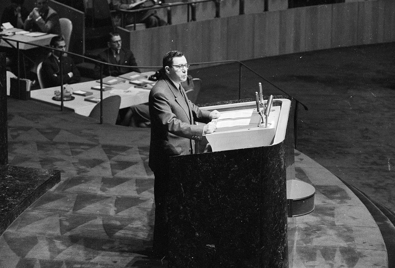 Der sowjetische Außenminister Andrei Gromyko spricht vor der Generalversammlung der Vereinten Nationen.