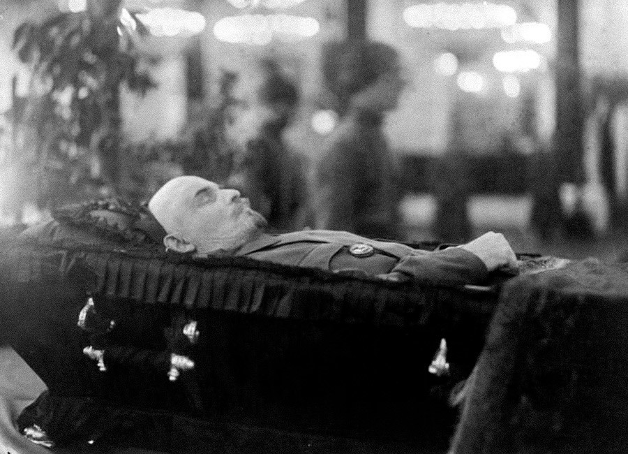 Vladimir Lenin in a coffin during the farewell in Moscow's House of the Unions