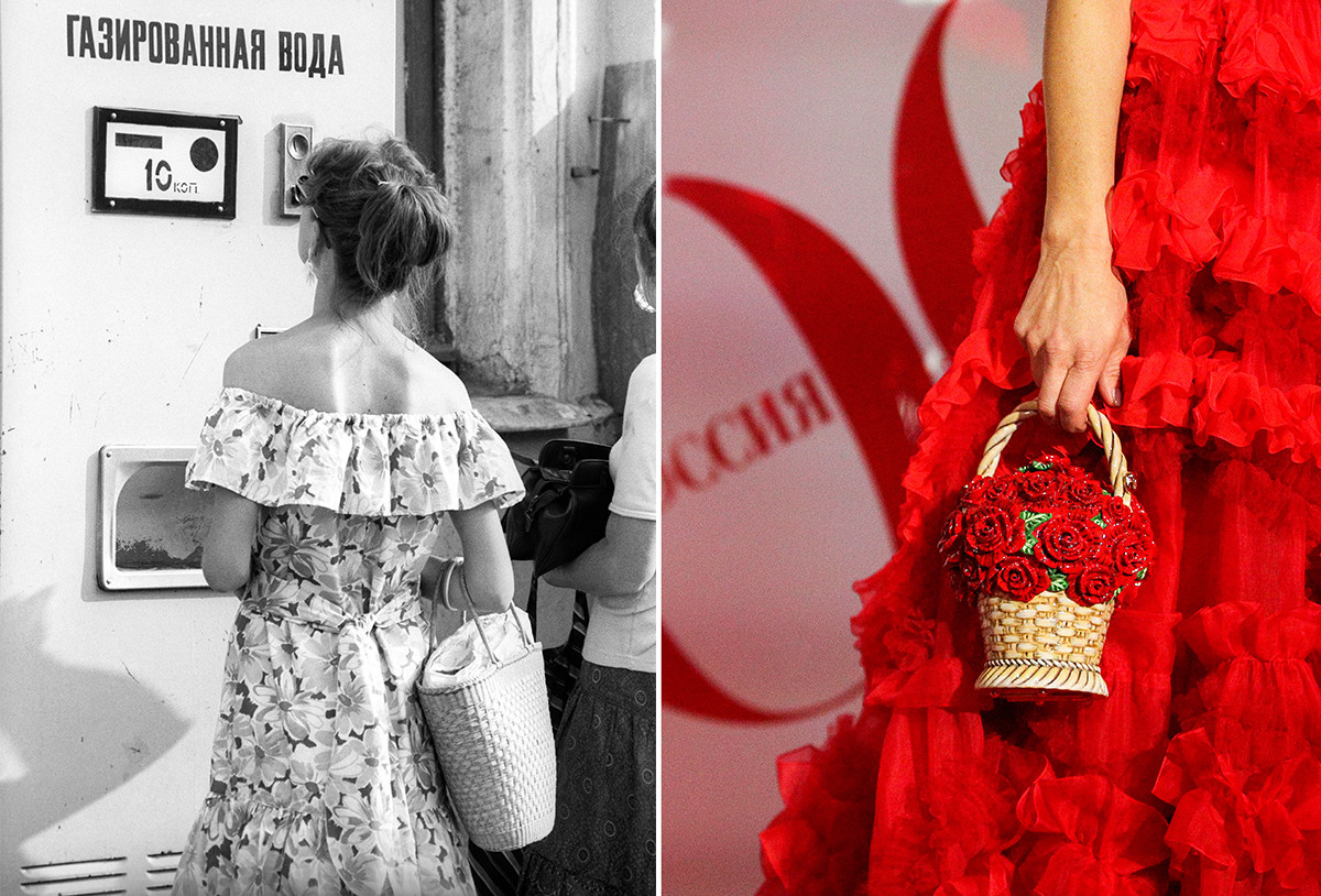 A sinistra, una ragazza sovietica con una borsa di vimini; a destra, una ragazza dei giorni nostri con un cestino intrecciato 
