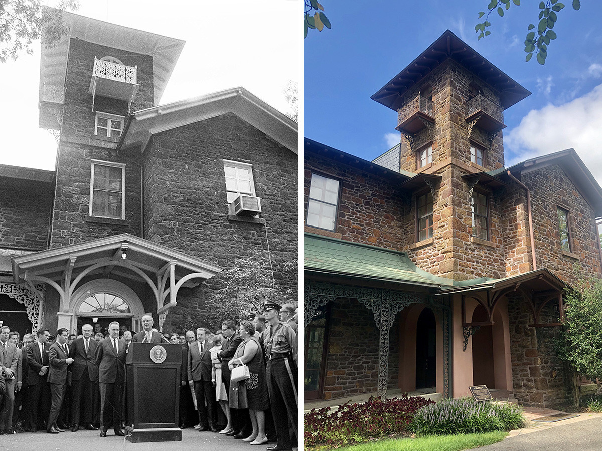 On the left: June 23, 1967, President Lyndon Johnson speaks at the podium in front of the Hollybush mansion, on the campus of Glassboro State College. On the right: This place (now called Rowan University), 2020