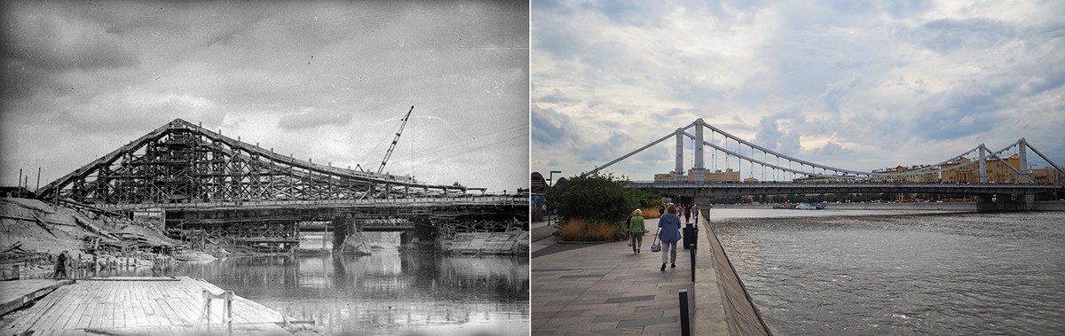 Panoramablick auf die Bolschoi-Krymsky-Brücke während des Baus (1933 / 2020)
