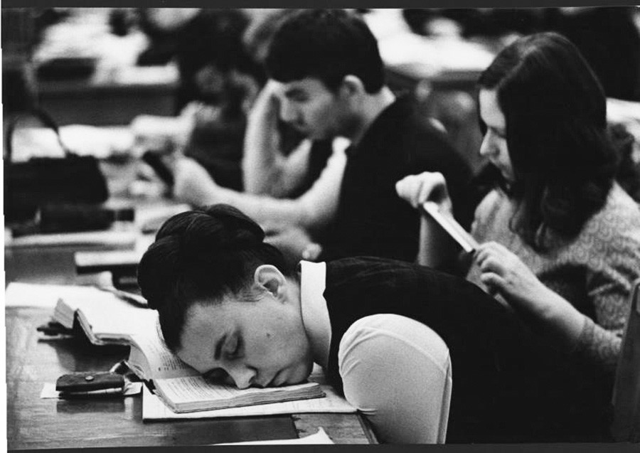 A student falls asleep during class, 1972.