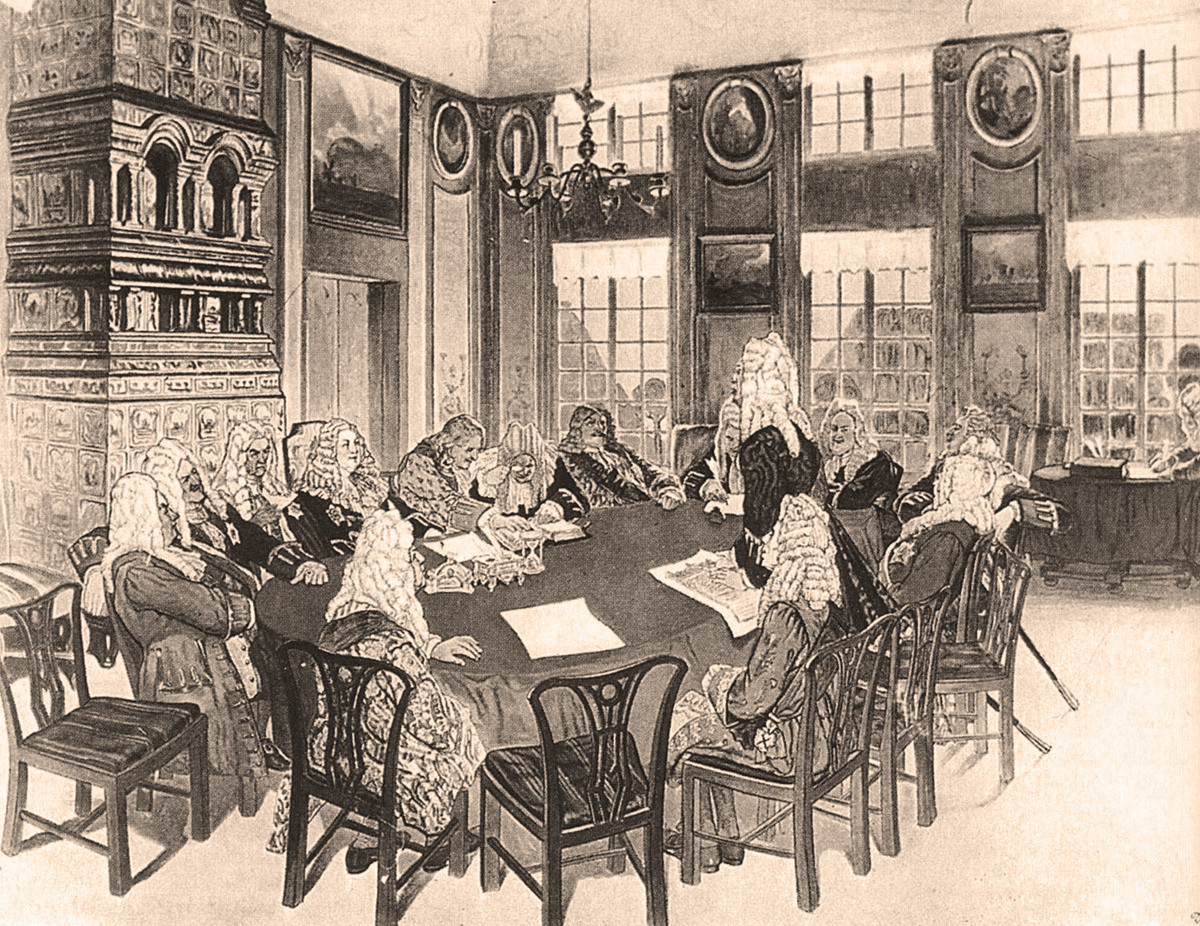 Заседание на Сенатот во времето на Петар Први во Екатерингофскиот дворец.